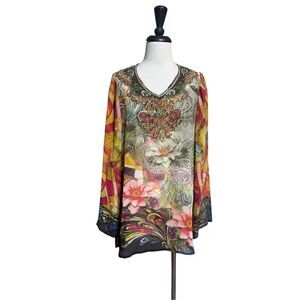Lucky & Coco Long Sleeve Sheer Embellished Tunic Blouse Cover Up Medium